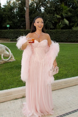 Glamorous Pink Sweetheart Strapless Sleeveless Prom Dresses Floor Length With Pleats