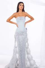 Dazzling Silver Strapless Sleeveless Mermaid Prom Dresses Column Pleats With Lace-Up Back