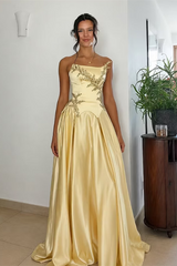Pretty Daffodil Strapless Sleeveless Satin A-Line Prom Dresses Floor Length Gem With Lace-Up Back