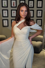 Graceful One Shoulder Asymmetrical Sweetheart Mermaid Satin Prom Dresses High Split With Pleats