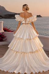 Elegant Off The Shoulder Two-Piece Satin A-Line Prom Dresses High Split With Lace-Up Back Pleats