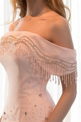 Unique Pink Off The Shoulder Mermaid Satin Tulle Prom Dresses Column Beading With Pleats
