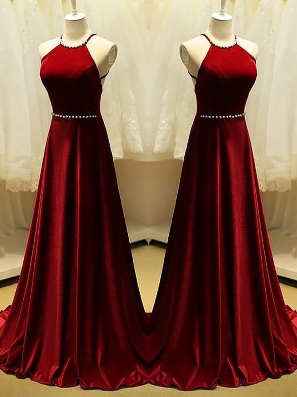 A-Line Halter Sleeveless With Beading Elegant Evening Dress-ballbellauk