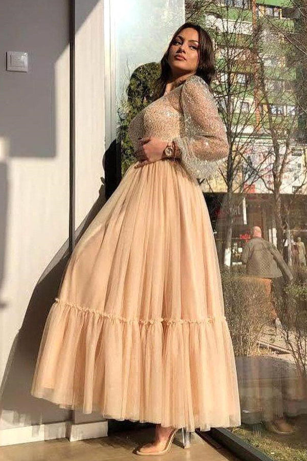 A-line Jewel Ankle Length Multiple Layers Long Sleeve Sequins Formal Wears-ballbellauk