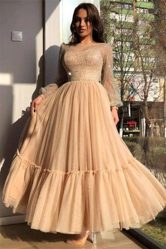 A-line Jewel Ankle Length Multiple Layers Long Sleeve Sequins Formal Wears-ballbellauk