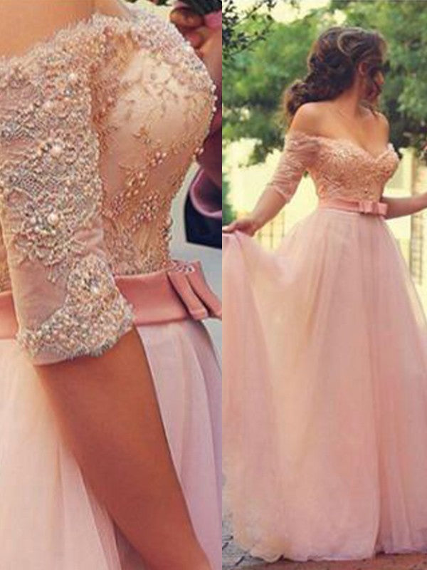 A-Line Off-the-Shoulder Half Sleeves Long With Lace Tulle Prom Dress-ballbellauk