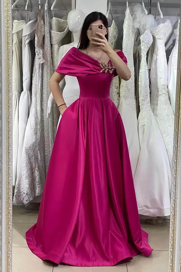 A-Line Prom Dress UK in Fuchsia with Beadings - Gorgeous Off-The-Shoulder Mermaid Look-ballbellauk