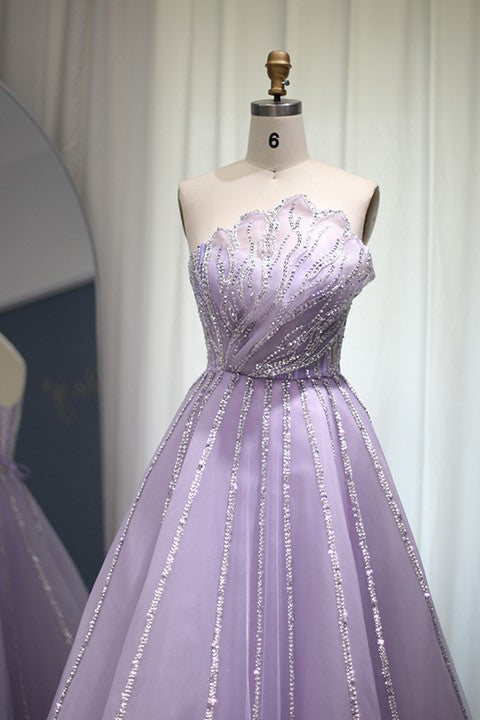 A Line Sleeveless Prom Dress UK with Flower Strapless Tulle and Appliques Sequins-ballbellauk