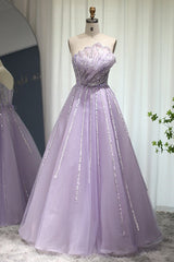 A Line Sleeveless Prom Dress UK with Flower Strapless Tulle and Appliques Sequins-ballbellauk