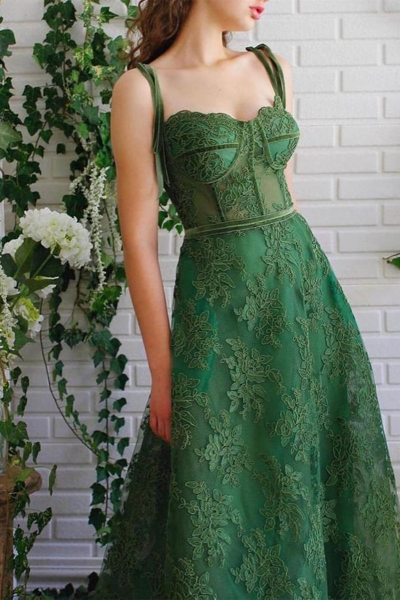 A-Line Strapless Emerald Green Spaghetti-Straps Evening Dress with Appliques-ballbellauk