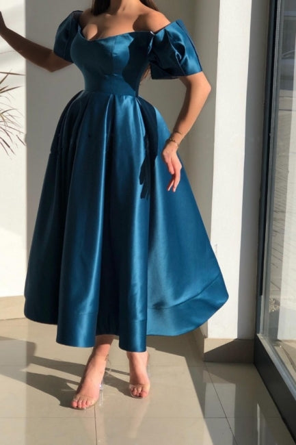 Amazing Blue Off-the-shoulder Satin Prom Dresses A-Line Ankle-Length-ballbellauk