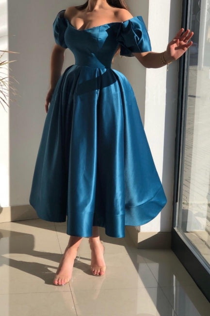 Amazing Blue Off-the-shoulder Satin Prom Dresses A-Line Ankle-Length-ballbellauk