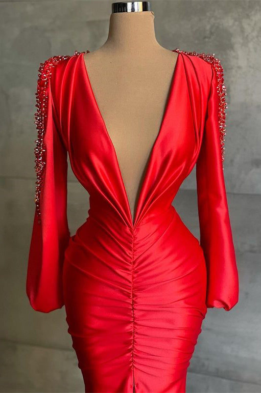 Designer Red Long Mermiad V-neck Lace Evening Dresses With Sleeves