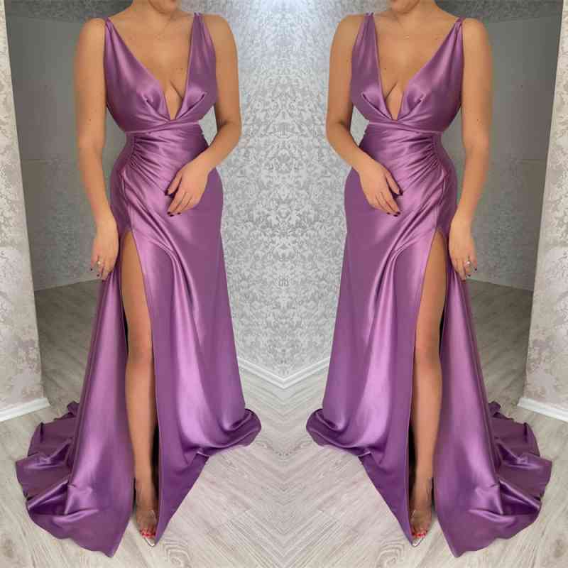 Amazing Deep V-Neck Sleeveless Evening Dress Mermaid Long with Slit-ballbellauk