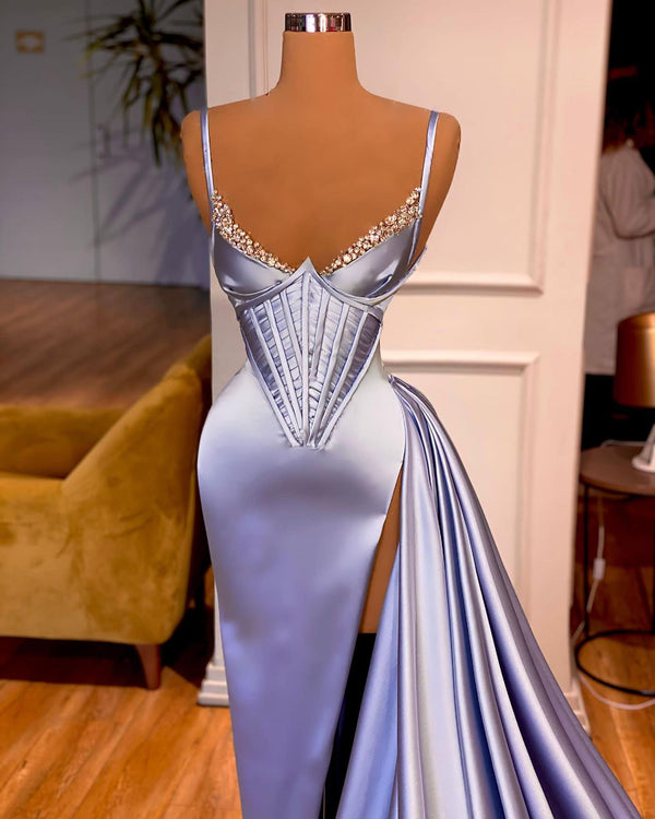 Amazing Split Front Sleeveless V-neck Spaghetti Strap Prom Dress-ballbellauk