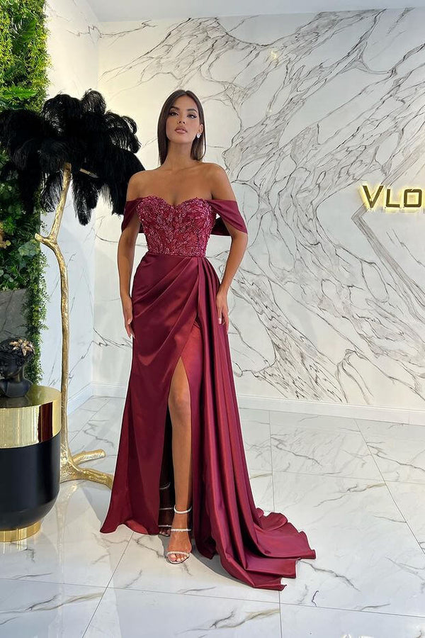 Amazing Sweetheart Beads Prom Dress UK with Sequin Slit and Off-The-Shoulder Design-ballbellauk