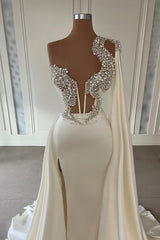 Amazing White A-line One Shoulder Evening Gown Long Glitter Ball Dresses With Split Online-ballbellauk
