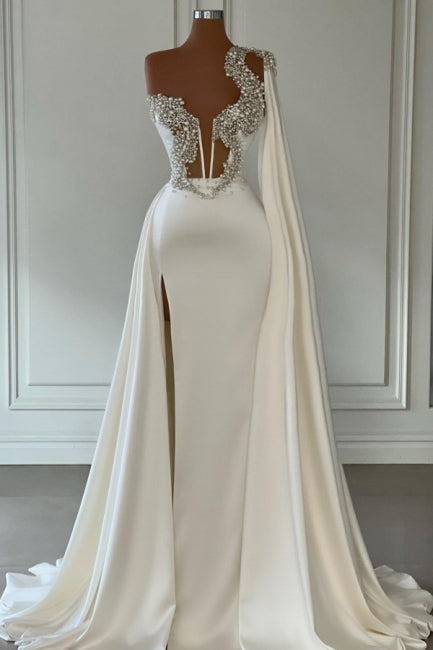 Amazing White A-line One Shoulder Evening Gown Long Glitter Ball Dresses With Split Online-ballbellauk