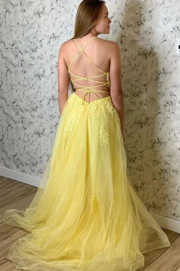 Amazing Yellow Lace Appliques Evening Dresses-ballbellauk
