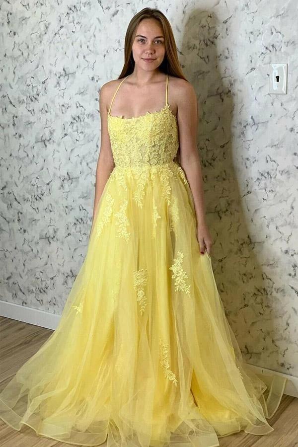 Amazing Yellow Lace Appliques Evening Dresses-ballbellauk
