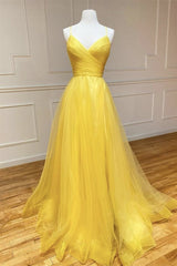 Amazing Yellow Spaghetti-Straps Prom Dress UK with String Back-ballbellauk