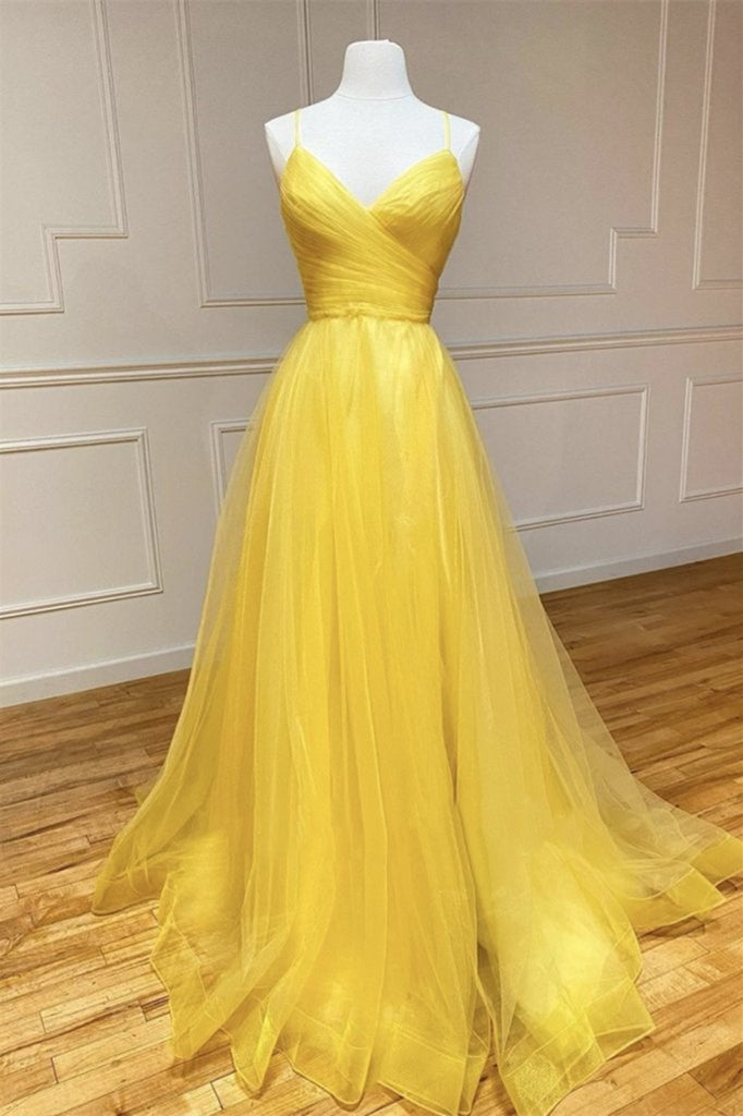 Amazing Yellow Spaghetti-Straps Prom Dress UK with String Back-ballbellauk