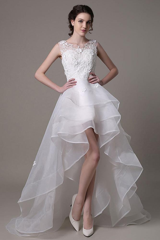 Asymmetrical Organza Wedding Dress High Low A-Line With Lace Beading Flower Exclusive-Ballbella