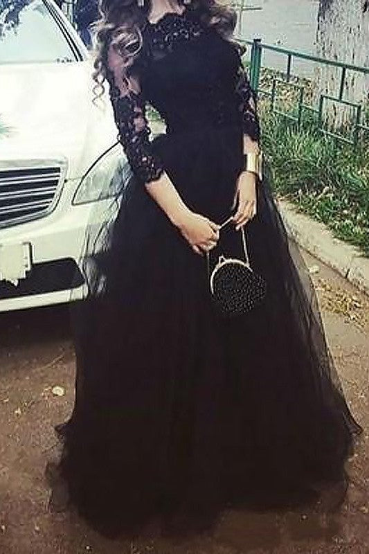 Ball Gown 3/4 Sleeves Bateau Lace Long Tulle Prom Dress-ballbellauk