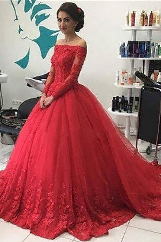 Ball Gown Off-the-Shoulder Long Sleeves Lace Tulle Court Train Prom Dress-ballbellauk