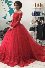 Ball Gown Off-the-Shoulder Long Sleeves Lace Tulle Court Train Prom Dress-ballbellauk