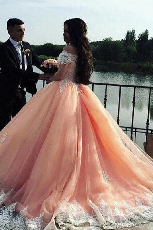 Ball Gown Sleeveless Off-the-Shoulder Court Train Tulle Lace Prom Dress-ballbellauk