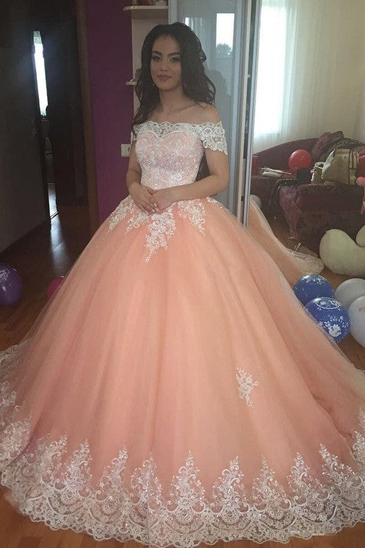 Ball Gown Sleeveless Off-the-Shoulder Court Train Tulle Lace Prom Dress-ballbellauk