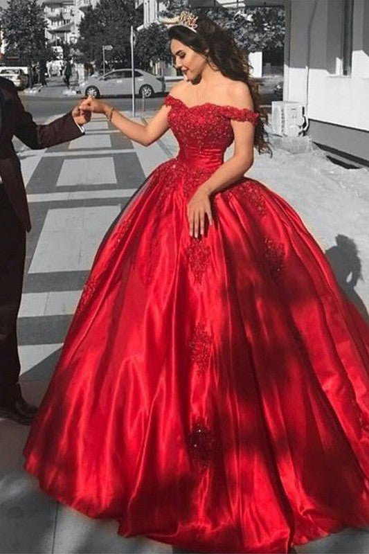 Ball Gown Sleeveless Off-the-Shoulder Satin Lace Prom Dress-ballbellauk