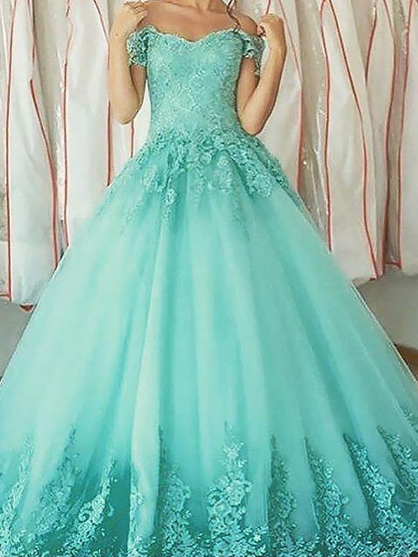 Ball Gown Sleeveless Off-the-Shoulder With Appliques Long Tulle Prom Dress-ballbellauk