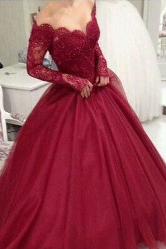 Ball Gown V-neck Long Sleeves Long Lace Tulle Prom Dress online-ballbellauk