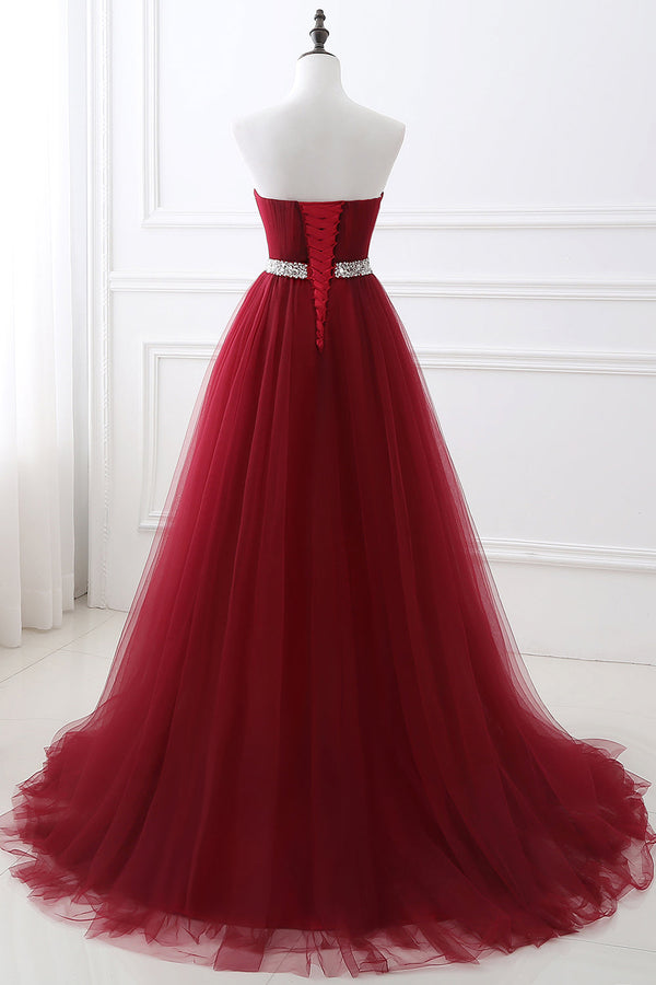 Beautiful Burgundy Long Prom Dress Tulle Crystal Evening Gown Sweetheart-ballbellauk