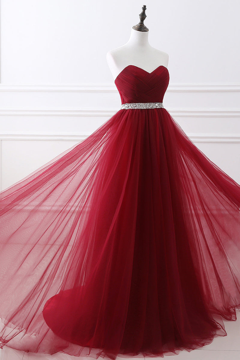 Beautiful Burgundy Long Prom Dress Tulle Crystal Evening Gown Sweetheart-ballbellauk