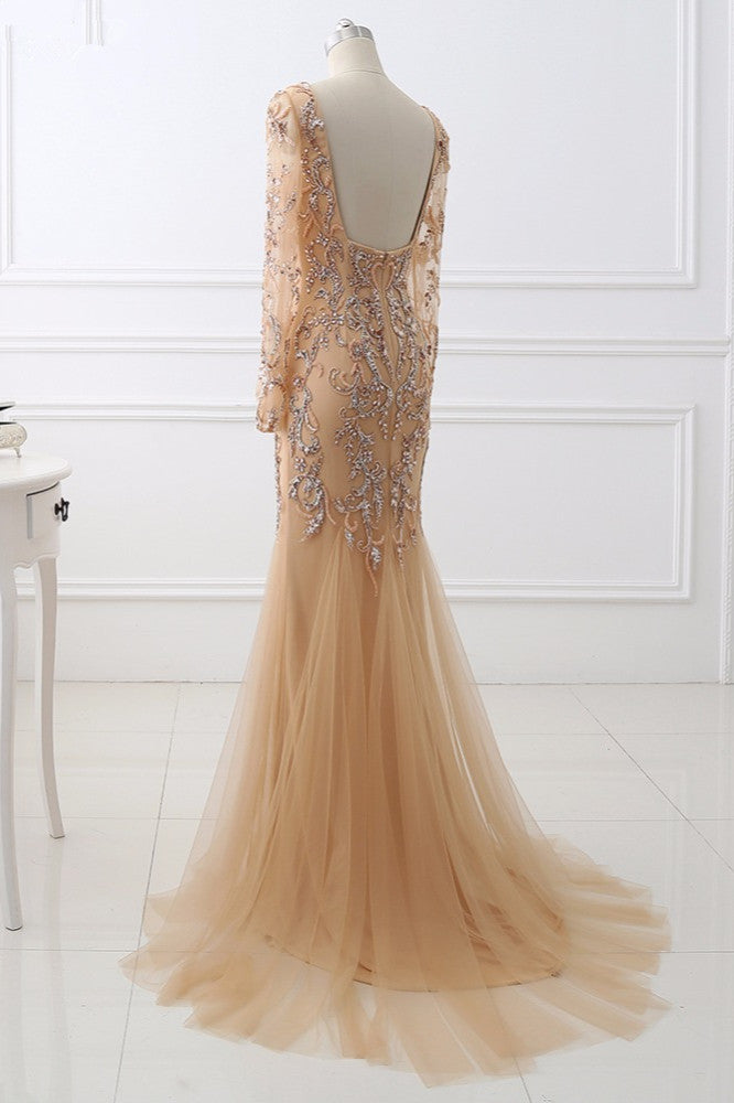 Beautiful Champagne V-Neck Evening Dress with Beadings and Rhinestones-ballbellauk