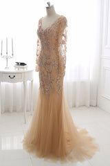Beautiful Champagne V-Neck Evening Dress with Beadings and Rhinestones-ballbellauk