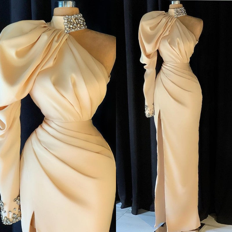 Beautiful High Neck Long Sleeve Crystal Prom Dress Mermaid With Split-ballbellauk
