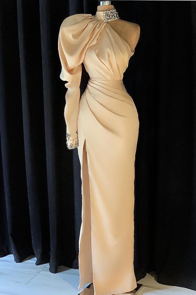 Beautiful High Neck Long Sleeve Crystal Prom Dress Mermaid With Split-ballbellauk