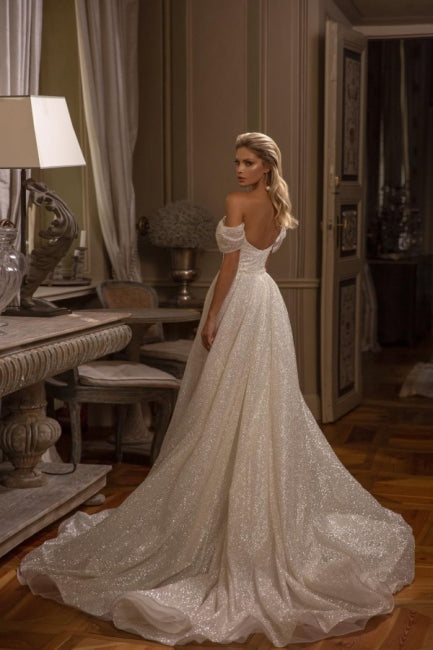 Beautiful Long A-line Off-the-shoulder Glitter Sleeveless Wedding Dresses-ballbellauk