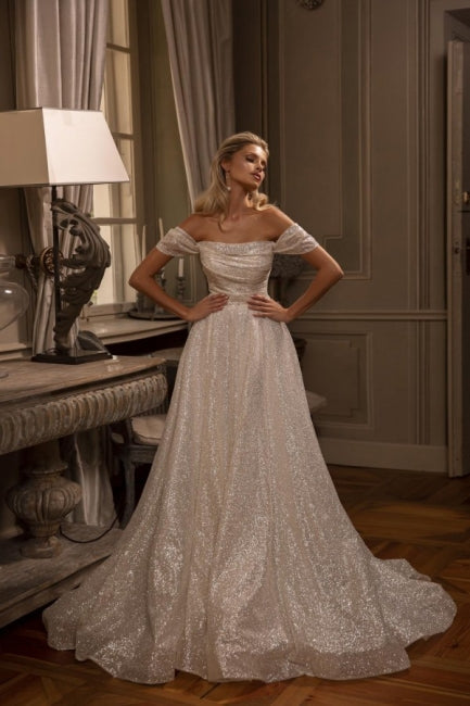 Beautiful Long A-line Off-the-shoulder Glitter Sleeveless Wedding Dresses-ballbellauk