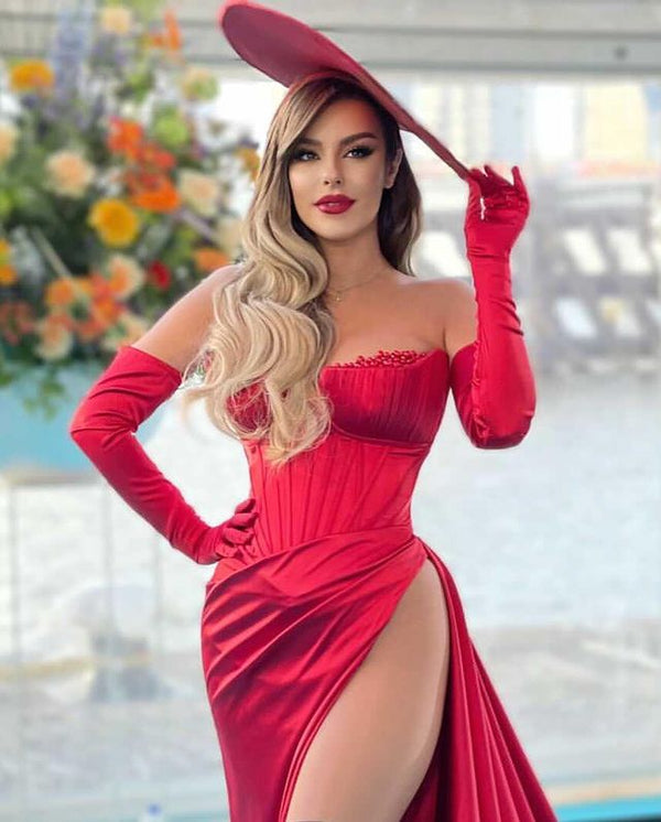 dress with gloves Beautiful Red Mermaid Slit evening Dress With Gloves Sweetheart – ballbellauk