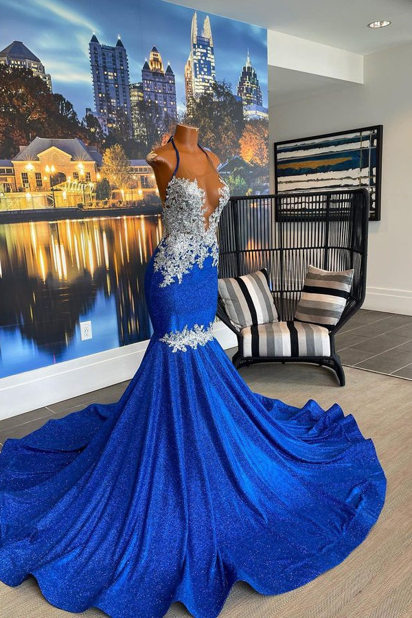 Beautiful Royal Blue Mermaid Prom Dress UK With Appliques by Halter-ballbellauk