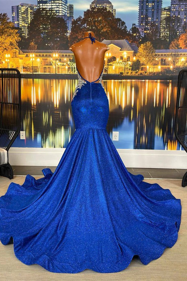 Beautiful Royal Blue Mermaid Prom Dress UK With Appliques by Halter-ballbellauk