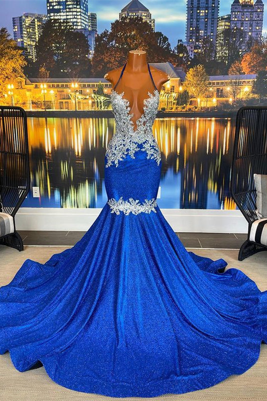 Beautiful Royal Blue Mermaid Prom Dress UK With Appliques by Halter-ballbellauk