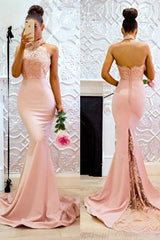 Beautiful Sleeveless Mermaid Halter Lace Prom Dress with Charmeuse-ballbellauk