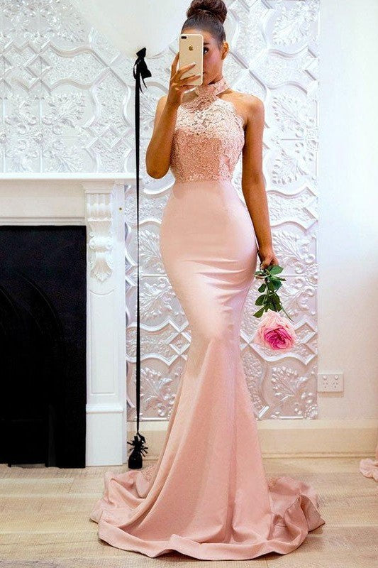Beautiful Sleeveless Mermaid Halter Lace Prom Dress with Charmeuse-ballbellauk