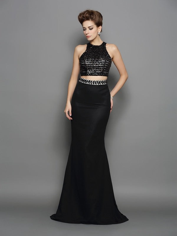 Beautiful Sleeveless Mermaid Long Chiffon Two Piece Prom Dress-ballbellauk